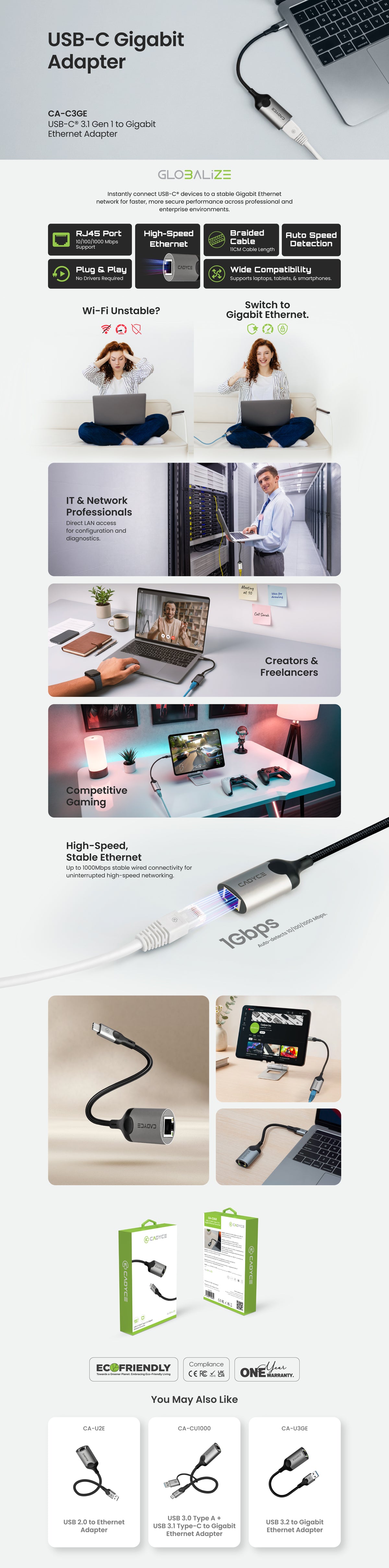 Retail packaging for USB-C to RJ45 Ethernet adapter in green and gray