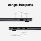 A technical product diagram showing the ports on the side of a dark gray laptop, labeled 'Dongle-free ports' with callouts for MicroSD, Type-A USB 3.2, 3.