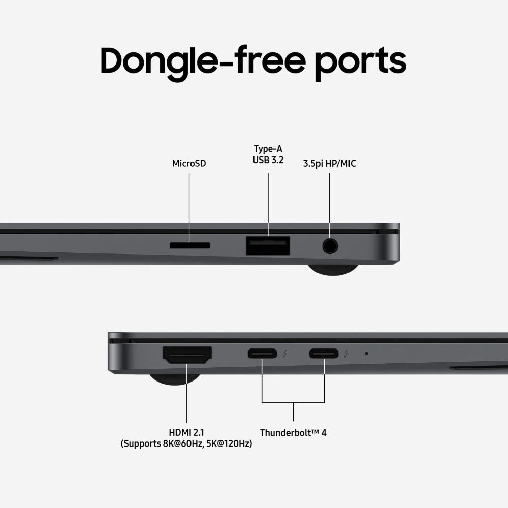 A technical product diagram showing the ports on the side of a dark gray laptop, labeled 'Dongle-free ports' with callouts for MicroSD, Type-A USB 3.2, 3.