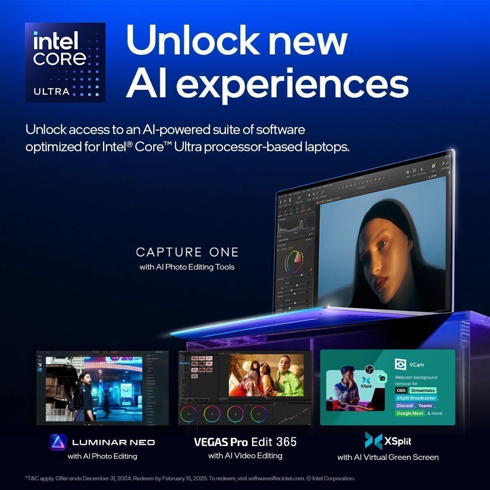 Promotional graphic for Intel Core Ultra AI-powered editing software, featuring a laptop with Capture One open on a blue illuminated display stand, plus four smaller software preview windows below. Text reads 'Unlock new AI experiences' and lists Luminar Neo, Vegas Pro Edit 365, XSplit, and AI Virtual Gcreen.