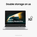 Samsung Galaxy Book4 Pro laptop shown open on a light gray background with promotional text reading 'Double storage on us' and 'X2' indicating doubled storage.