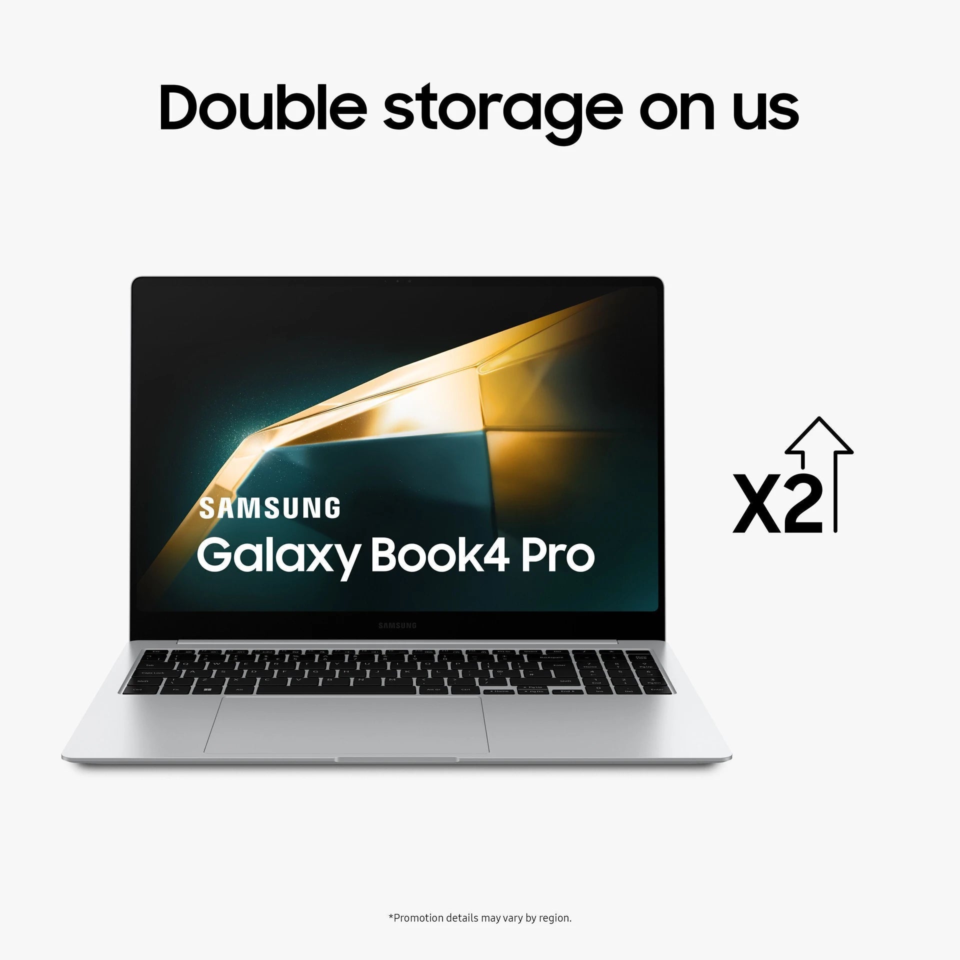 Samsung Galaxy Book4 Pro laptop shown open on a light gray background with promotional text reading 'Double storage on us' and 'X2' indicating doubled storage.