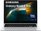 Samsung Galaxy Book4 Pro laptop shown open against a white background, with the screen displaying the Samsung logo, Galaxy Book4 Pro text, and an Intel Core Ultra 5 badge.