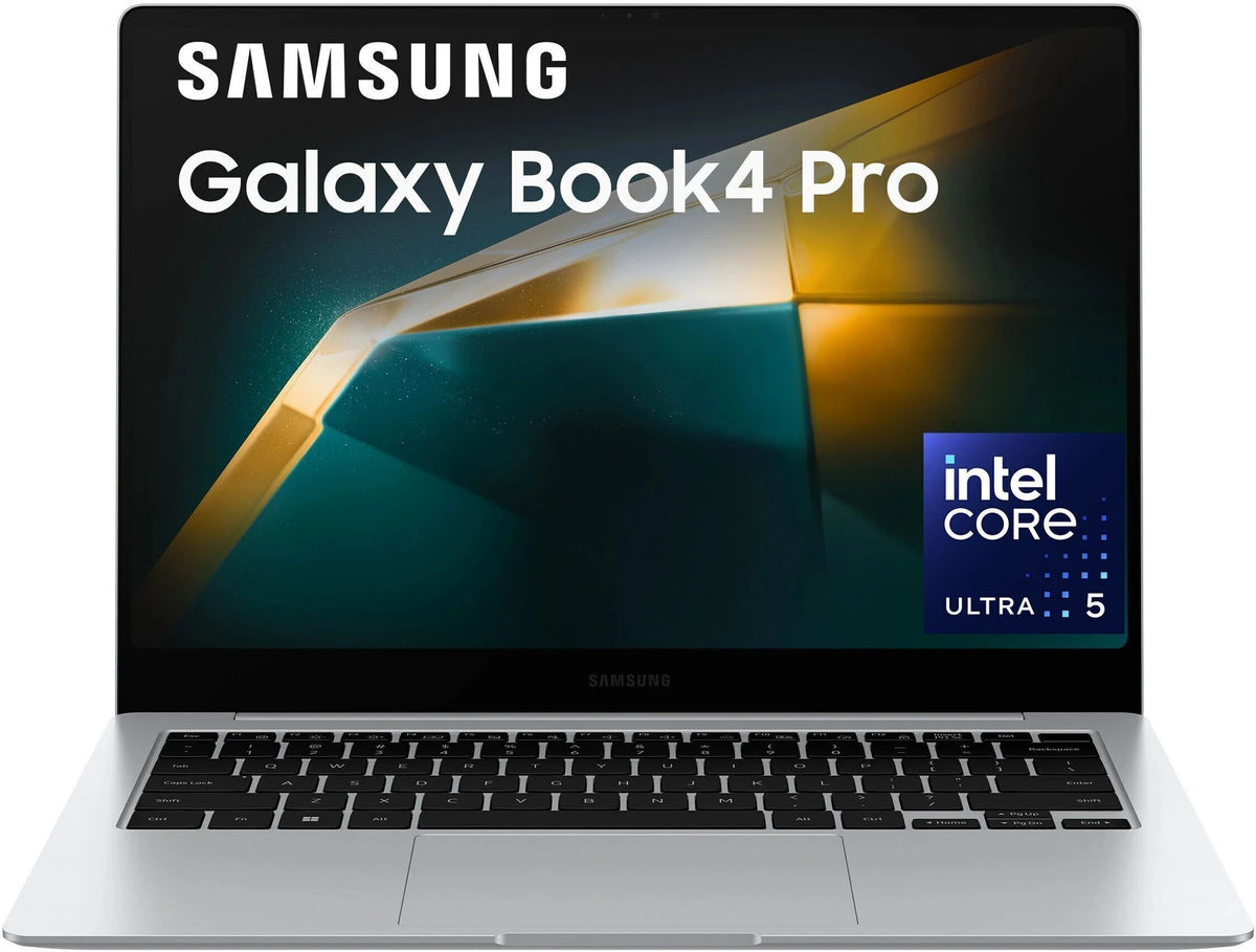 Samsung Galaxy Book4 Pro laptop shown open against a white background, with the screen displaying the Samsung logo, Galaxy Book4 Pro text, and an Intel Core Ultra 5 badge.