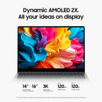 A laptop centered on a light gray background with promotional text above and feature callouts below. The screen shows a vivid abstract multicolor display, and the text reads: 'Dynamic AMOLED 2X.