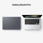 Samsung Galaxy Book4 Pro laptop shown in closed and open views on a clean white background, with the text 'Galaxy Book4 Pro' above.