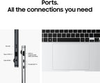 A product information graphic showing the ports of a silver laptop, with a close-up of the keyboard and trackpad on the right and labeled side views of the ports on the left under the heading 'Ports. All the connections you need'.