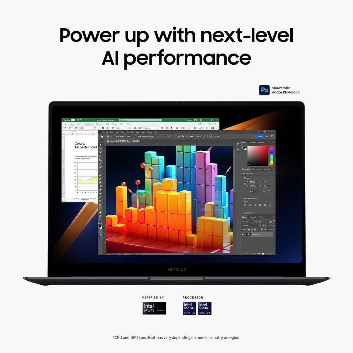A Samsung laptop shown on a light gray background with promotional text above reading 'Power up with next-level AI performance.' The screen displays colorful software interfaces, and small badges below indicate verified specs and processor details.