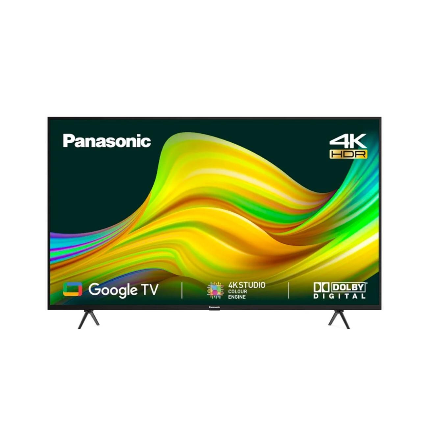 Panasonic 4K HDR Google TV with a slim black frame and stand, displaying a vibrant yellow, green, and blue abstract wave on the screen.