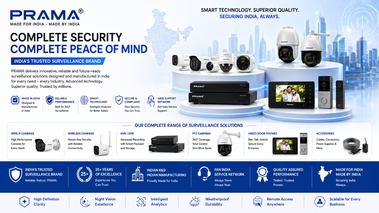 A promotional infographic for PRAMA surveillance cameras, featuring multiple camera models, a central white control tower illustration, and a row of feature icons at the bottom. The design uses a blue and white color scheme with the PRAMA brand name prominently displayed at the top left.