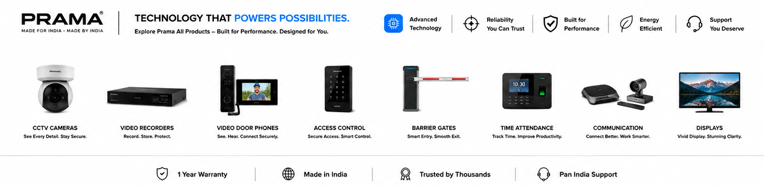 A promotional banner for Prama security and access control solutions, featuring a large black background with the Prama logo at the top, a row of product icons and names including CCTV Cameras, Video Recorders, Video Door Phones, Access Control, and Barriers, and a list of features and support details.