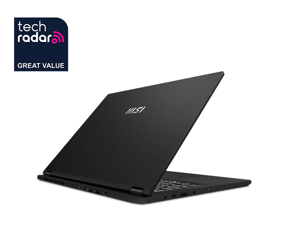 Black laptop with MSI logo on a white background, featuring TechRadar 'Great Value' badge.