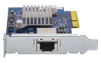 A network card module with a blue printed circuit board, a large silver heatsink, a gold PCI Express connector, and a silver metal bracket with an RJ45 port, isolated on a white background.