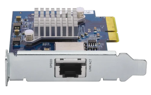 A network card module with a blue printed circuit board, a large silver heatsink, a gold PCI Express connector, and a silver metal bracket with an RJ45 port, isolated on a white background.