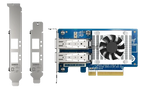 A blue and silver PCIe network card with two silver metal bracket adapters shown alongside on a plain white background.