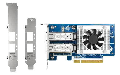 A blue and silver PCIe network card with two silver metal bracket adapters shown alongside on a plain white background.