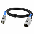 A black coiled Ethernet cable with two silver QSFP+ connectors, each featuring a blue plastic latch, secured with a black velcro tie on a white background.