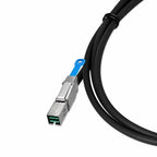 A black industrial cable with a silver metal connector and a bright blue plastic keychain tag, shown on a clean white background.