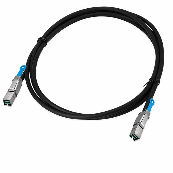 A black fiber optic patch cable with two QSFP connectors, coiled on a white background.