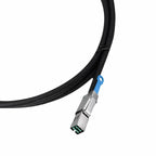 A black industrial cable with a silver metal connector and a blue loop tag, shown on a plain white background.