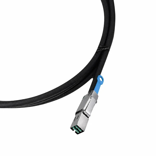 A black industrial cable with a silver metal connector and a blue loop tag, shown on a plain white background.