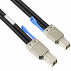 A black multi-core cable with silver-toned connector ends and bright blue plastic tie-on clips, shown on a plain white background.