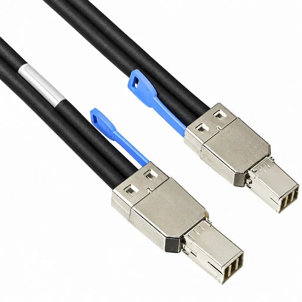 A black multi-core cable with silver-toned connector ends and bright blue plastic tie-on clips, shown on a plain white background.