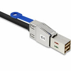 A close-up of a black Ethernet cable with a silver RJ45 connector and a blue loop tag on a white background.
