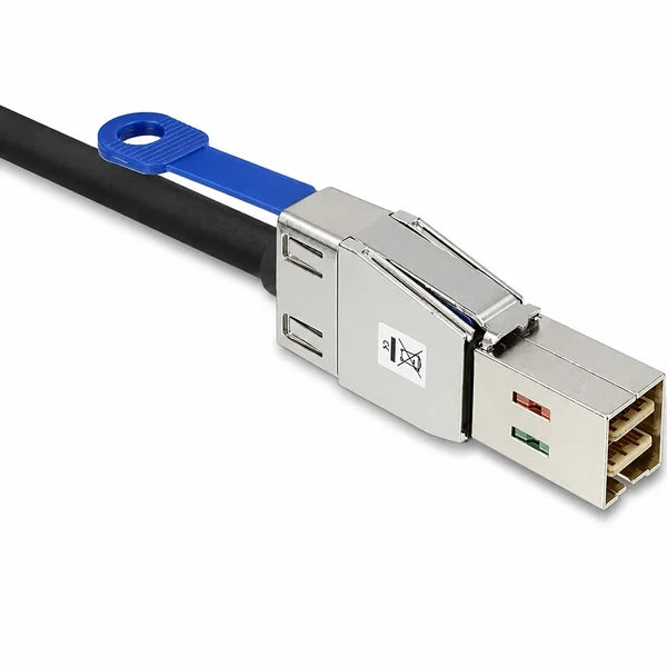 A close-up of a black Ethernet cable with a silver RJ45 connector and a blue loop tag on a white background.