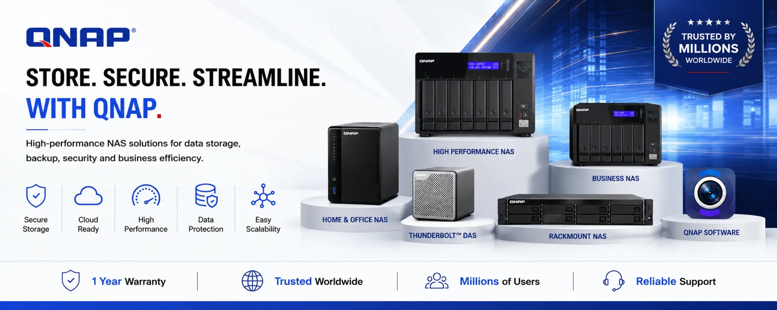 A promotional banner for QNAP NAS solutions showing multiple QNAP hardware products on white pedestals against a blue digital background. The products include different NAS models such as Thunderbolt 2 NAS, Rackmount 8 NAS, and Business NAS.