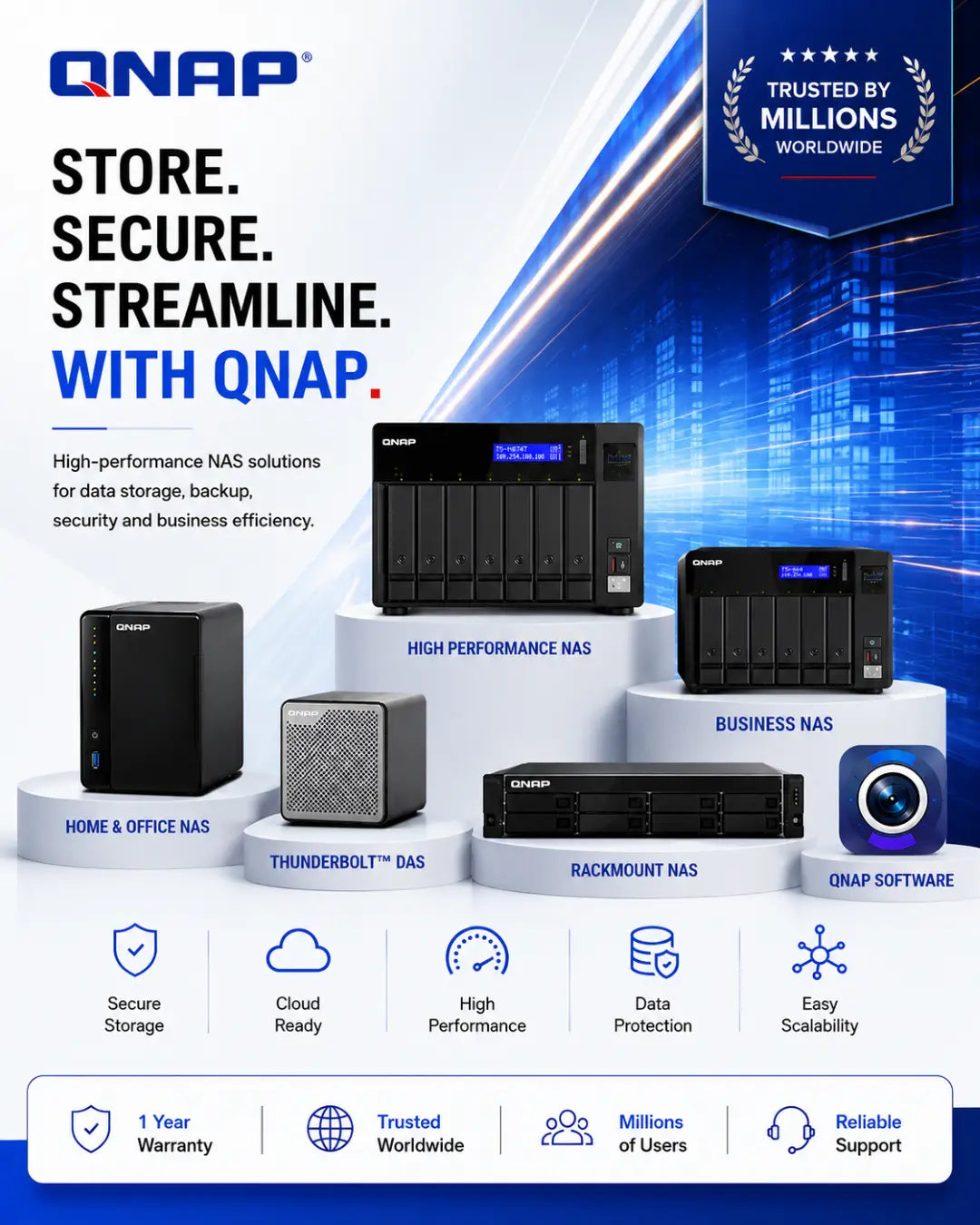 A promotional banner for QNAP NAS solutions, featuring multiple black and gray QNAP storage devices displayed on white pedestals against a blue and white tech background. The image includes text such as 'STORE.