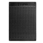 A black rectangular metal enclosure cover with a ribbed front grille and the QNAP logo embossed at the top, shown on a plain white background.