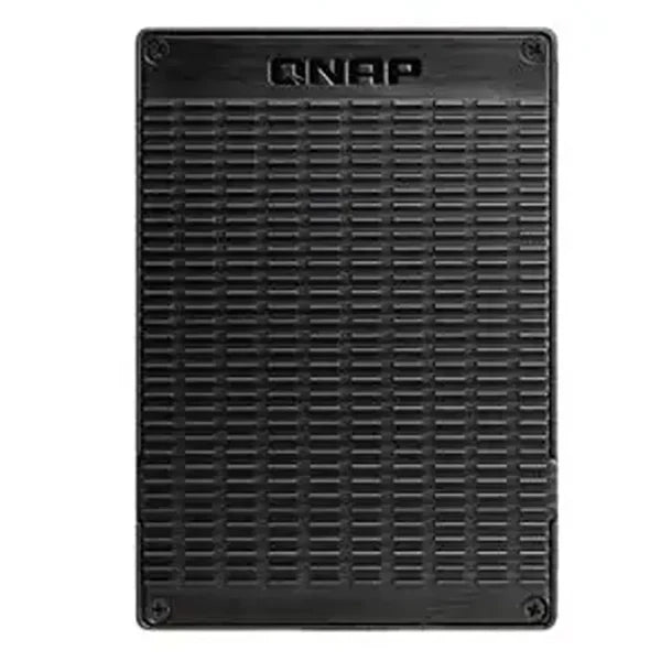 A black rectangular metal enclosure cover with a ribbed front grille and the QNAP logo embossed at the top, shown on a plain white background.
