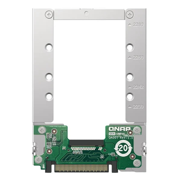 QNAP 2U 3.5-inch SATA III NVMe SSD enclosure adapter card, featuring a silver metal bracket frame and a green PCB with gold-plated connectors.