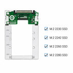 An M.2 2230 SSD adapter frame with a green circuit board and silver metal bracket, shown on a white background with a list of supported SSD models on the right.
