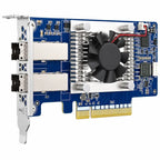A blue and silver network card with dual optical SFP ports, a black cooling fan, and a gold PCI Express connector, shown on a white background.