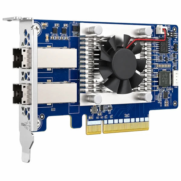 A blue and silver network card with dual optical SFP ports, a black cooling fan, and a gold PCI Express connector, shown on a white background.