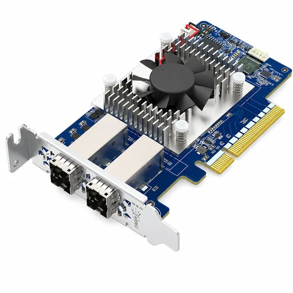 A blue and silver PCI Express 10Gb Ethernet card with a built-in cooling fan and dual RJ45 ports, shown on a clean white background.