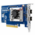 QNAP QXP-830S-3808 10Gb PCIe network card with a blue PCB, white heatsink, black cooling fan, gold PCI-E connector, and silver metal bracket with dual 10Gb SFP ports.