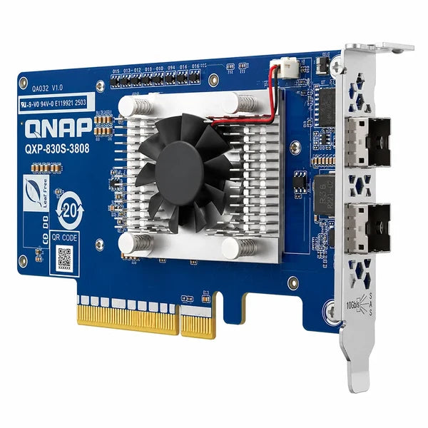 QNAP QXP-830S-3808 10Gb PCIe network card with a blue PCB, white heatsink, black cooling fan, gold PCI-E connector, and silver metal bracket with dual 10Gb SFP ports.