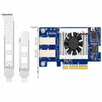 Blue 10Gb/s 2-port Ethernet card with a white heat sink and black fan, shown with two white metal PCIe power adapters on a white background.