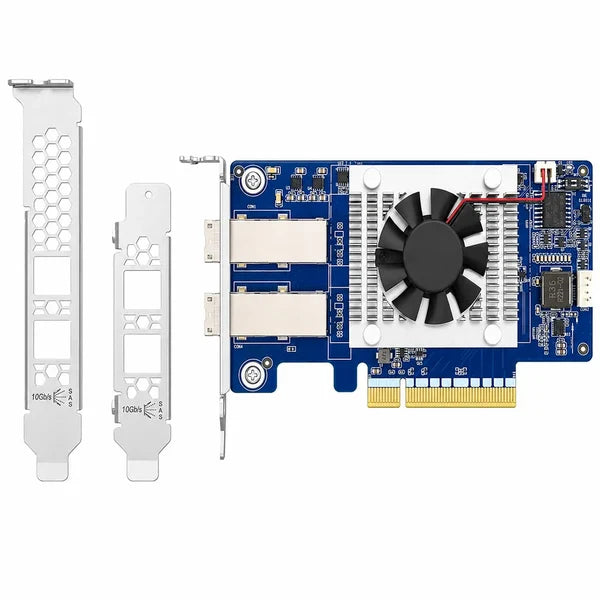 Blue 10Gb/s 2-port Ethernet card with a white heat sink and black fan, shown with two white metal PCIe power adapters on a white background.