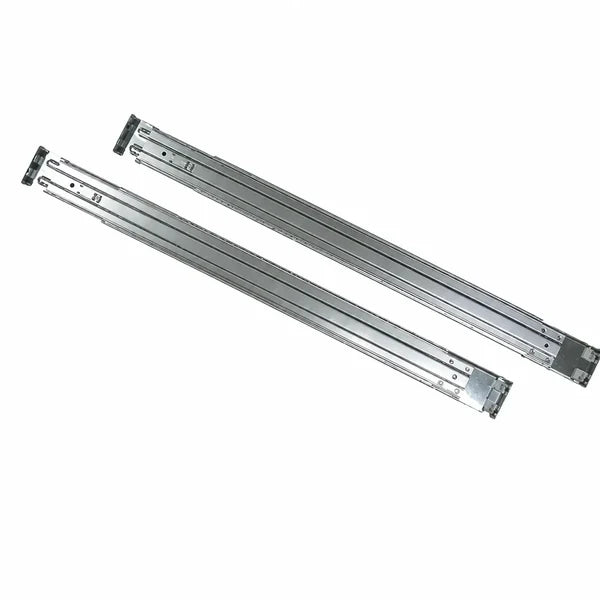 Two long silver metal drawer slide rails shown on a plain white background.