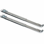 Two long silver metal track rails with mounting hardware, shown on a plain white background.