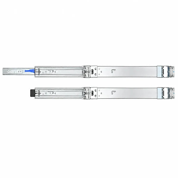 Two long silver metal drawer slides shown horizontally on a plain white background, with one slide partially extended and one fully retracted.