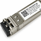 An SFP+ optical module, model TRX-10G1TSFPP.SR, featuring a silver metal housing, a black connector face, and a white label with a QR code and product specifications.
