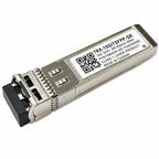 An SFP+ laser transceiver module, model TRX-100ITSFPP-SR, featuring a silver metal housing, a black connector plug, and a white label with a QR code and product specifications.