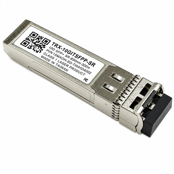 An SFP+ optical transceiver module, model TRY-10G/10GIT/SFPPP-SR, featuring a silver metal housing, a white label with black text and a QR code, and a black connector face, shown on a plain white background.