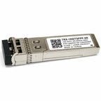 An SFP+ optical transceiver module with a silver metal housing, a black connector plug, and a white product label showing model details and a QR code.