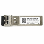 An SFP+ optical module, model TRX-10GITSFPP-SR, featuring a silver metal housing, a black connector plug, and a white label with a QR code and product specifications.